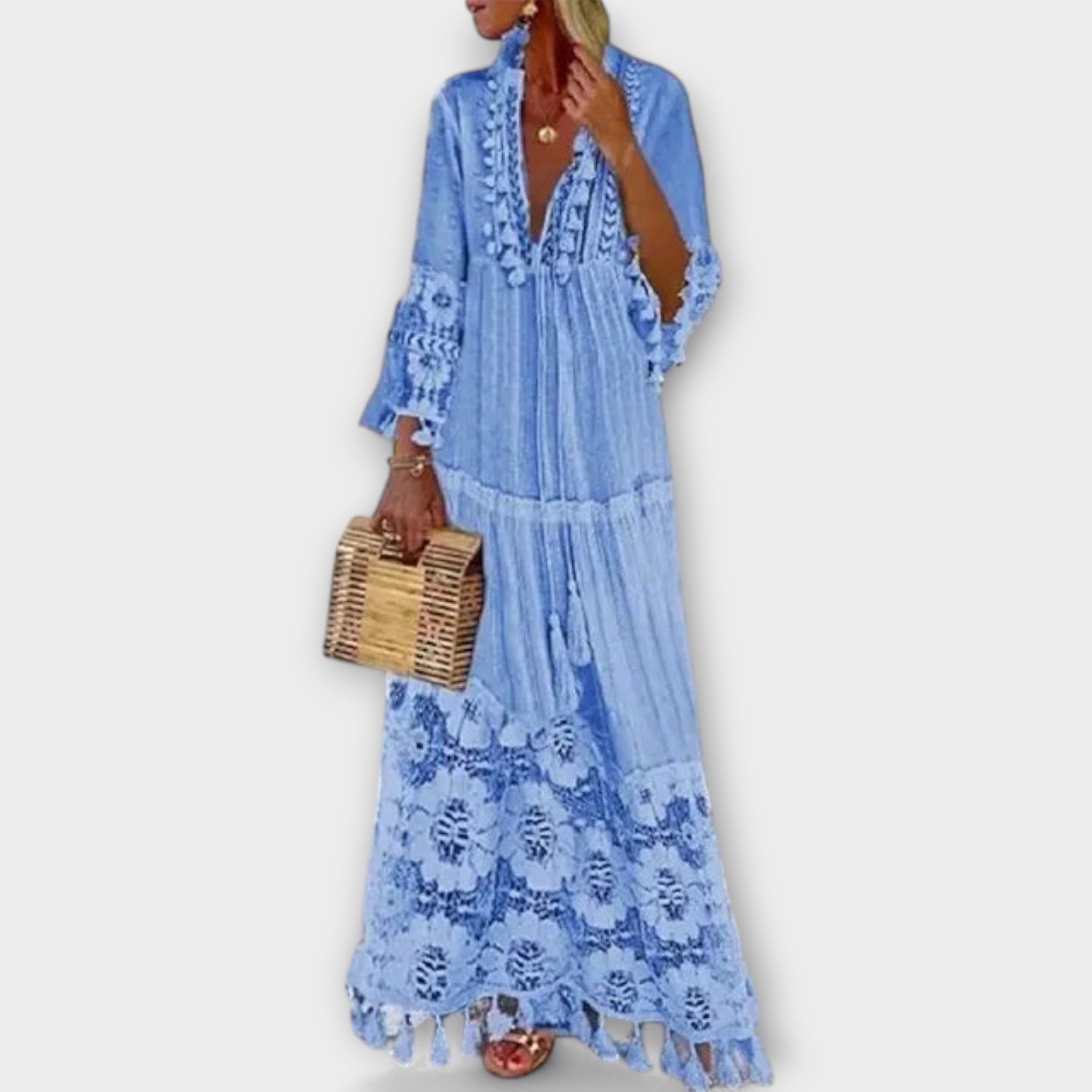 Classic Bohemian-Style Long Dress with Long Sleeves, Lace and Tassels